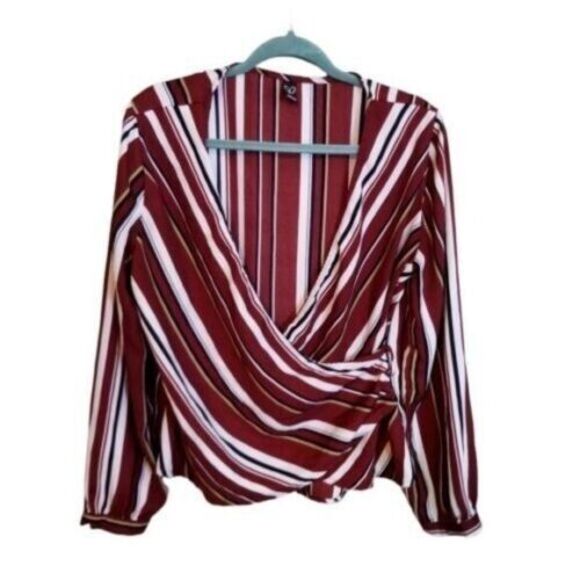 Windsor Womens Sz L Red White Striped Long Sleeve Overlap Blouse - Picture 8 of 10
